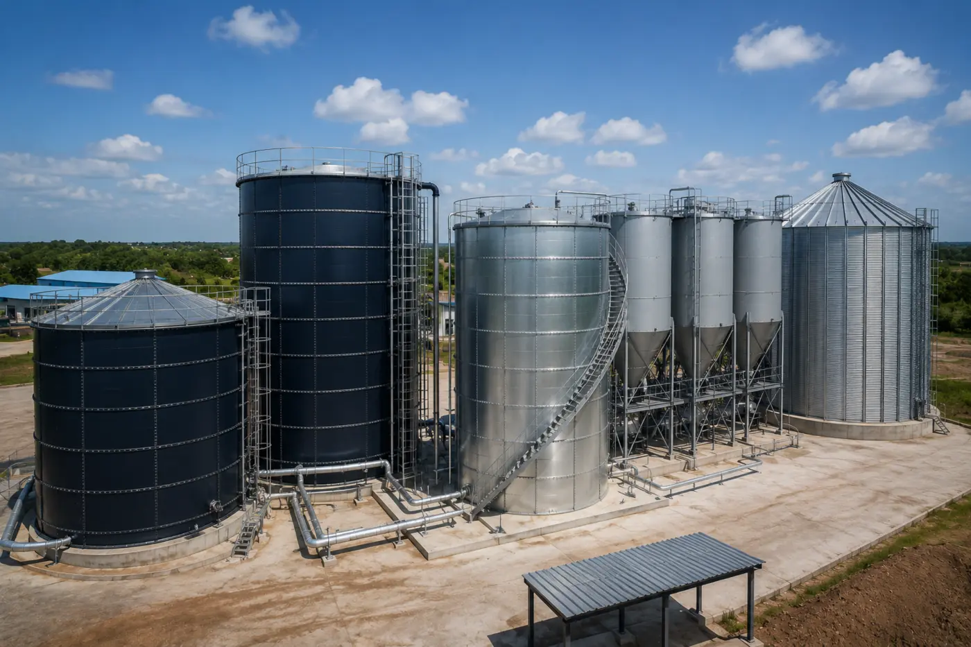 Flat bottom corrugated steel silo for high-capacity storage